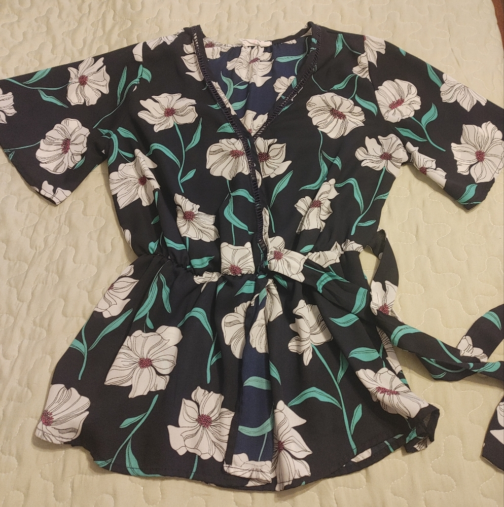 Floral Black and White Wrap Top